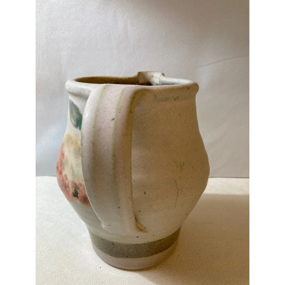 Vintage Studio Pottery Pitcher Hand Painted Peach Fruit Stoneware Creamer 5.5in